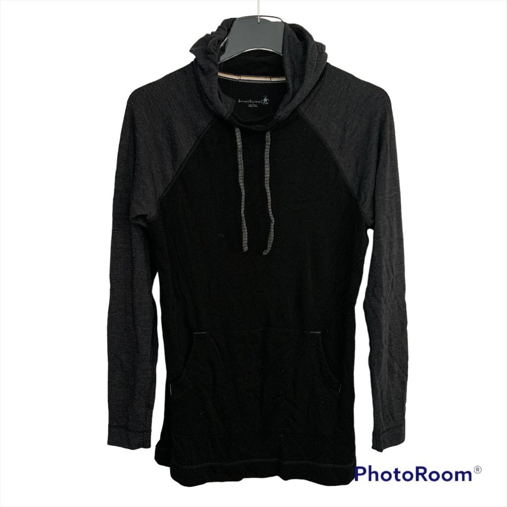 Smartwool Thermal Drape Neck Merino Wool Pullover Hoodie Black Grey Color Block